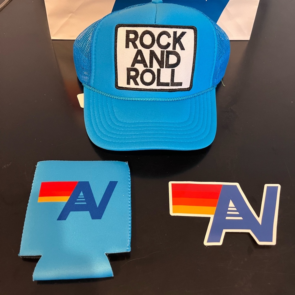 NWT AVIATOR NATION Rock  and Roll  TRUCKER HAT and Swag Neon Blue